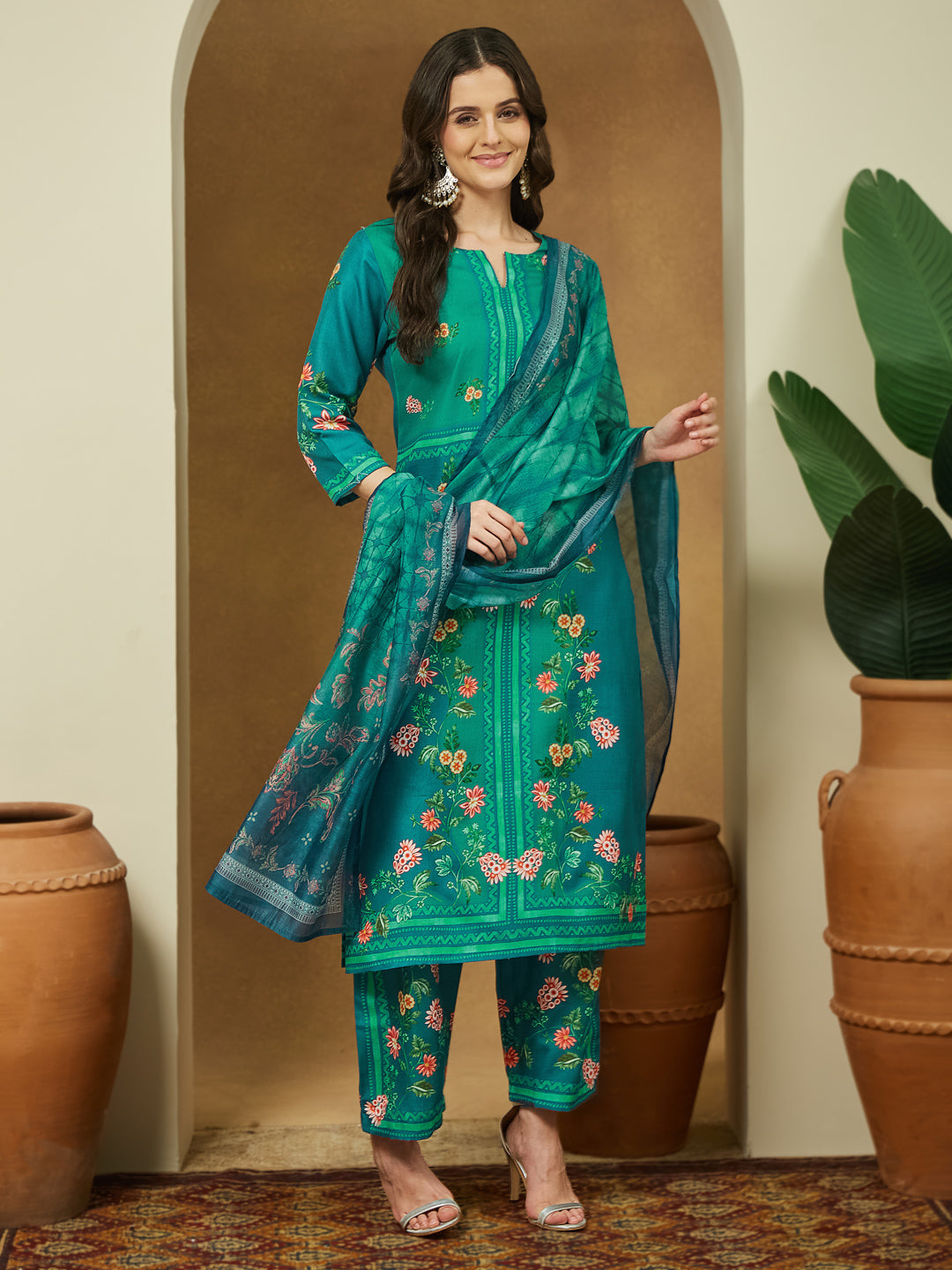 Janasya Women's Teal Blue Cotton Blend Floral Printed Straight Kurta Set