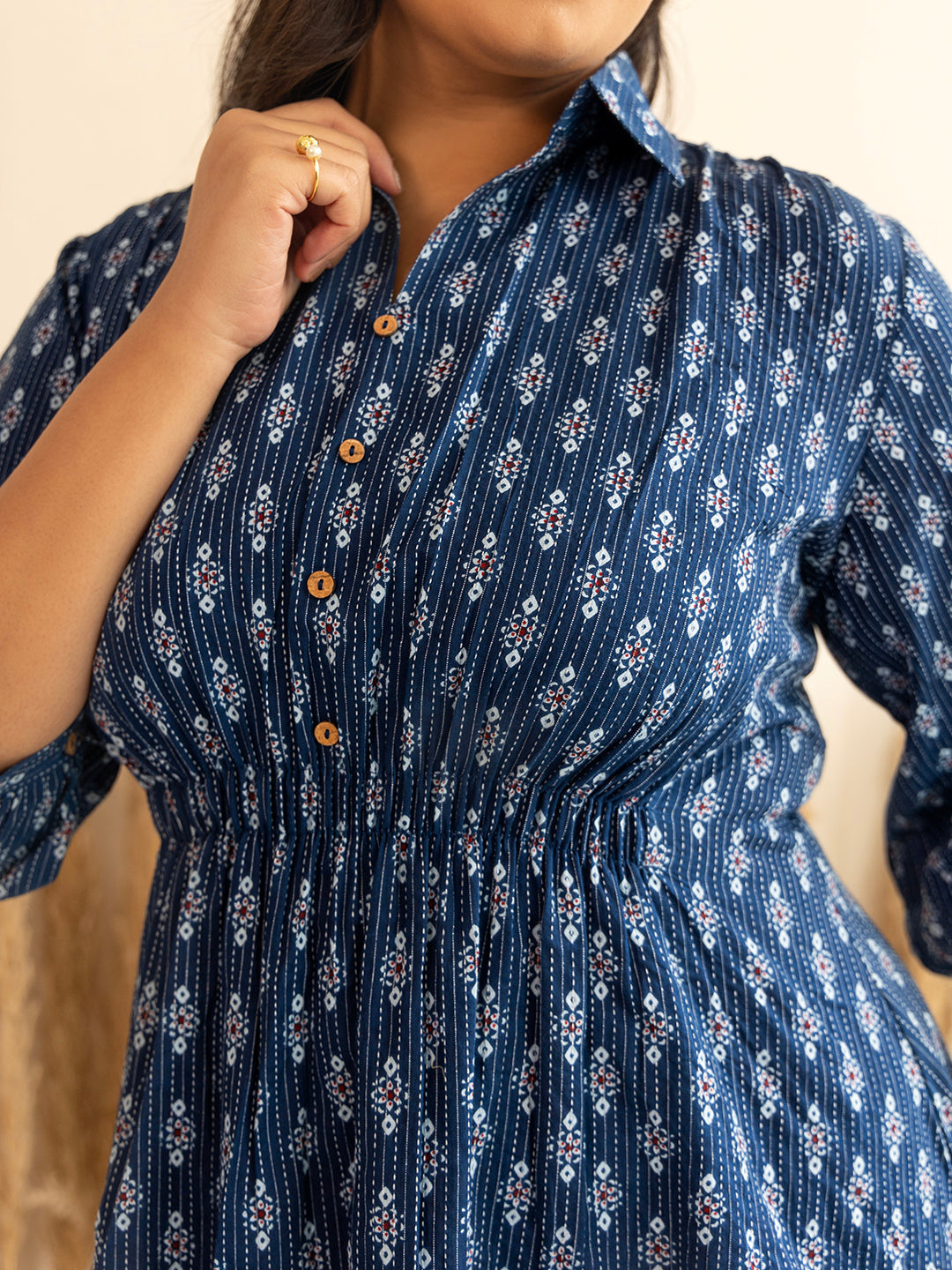 Dark Blue Cotton Ethnic Motifs A-Line Top