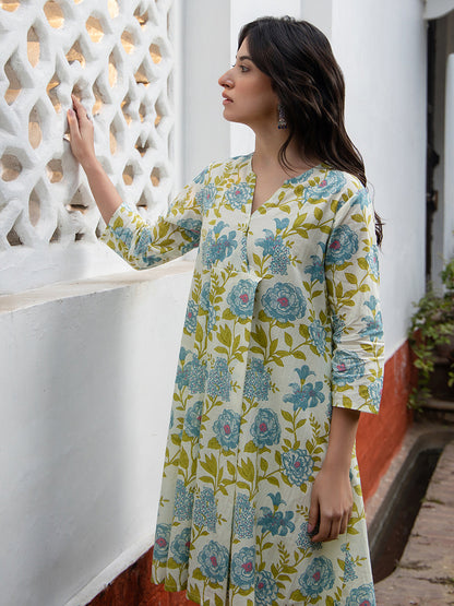 Off White Cotton Floral Regular Tunic