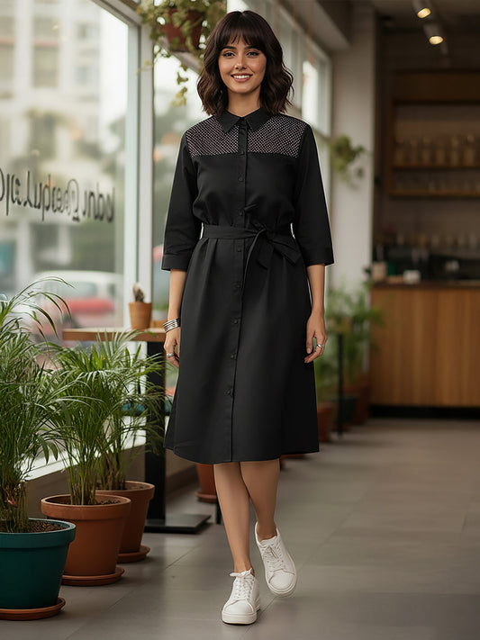 Janasya Women's Black Cotton Embellished A-line Button Down Shirt Dress