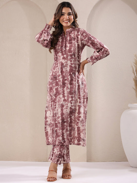 Mauve Pure Cotton Tie & Dye Straight Kurta Set