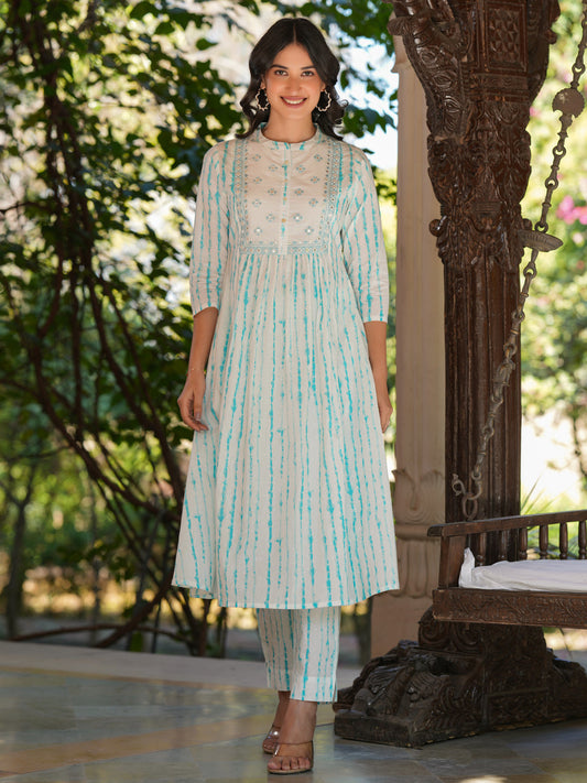 White Pure Cotton Tie & Dye Mirror Work A-line Kurta Pant Set