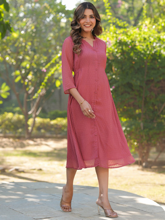 Mauve Dobby Chiffon Self Design A-Line Dress