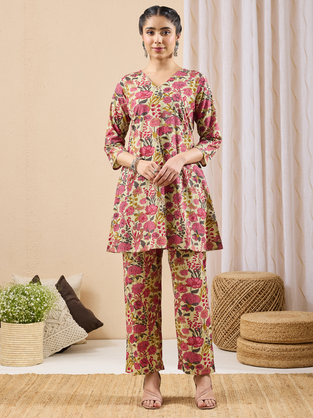 Janasya Women's Mint Color Cotton Floral Printed A-line Co-ord Set