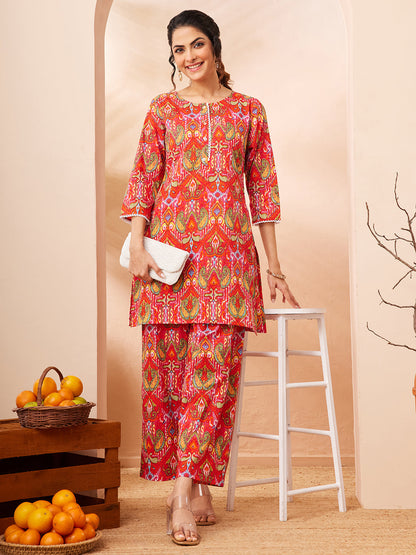 Janasya Women's Multi Pure Cotton Ikkat Printed Straight Co-ord Set