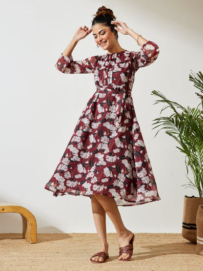 Janasya Women's Brown Chiffon Floral Printed A-line Gathered Dress
