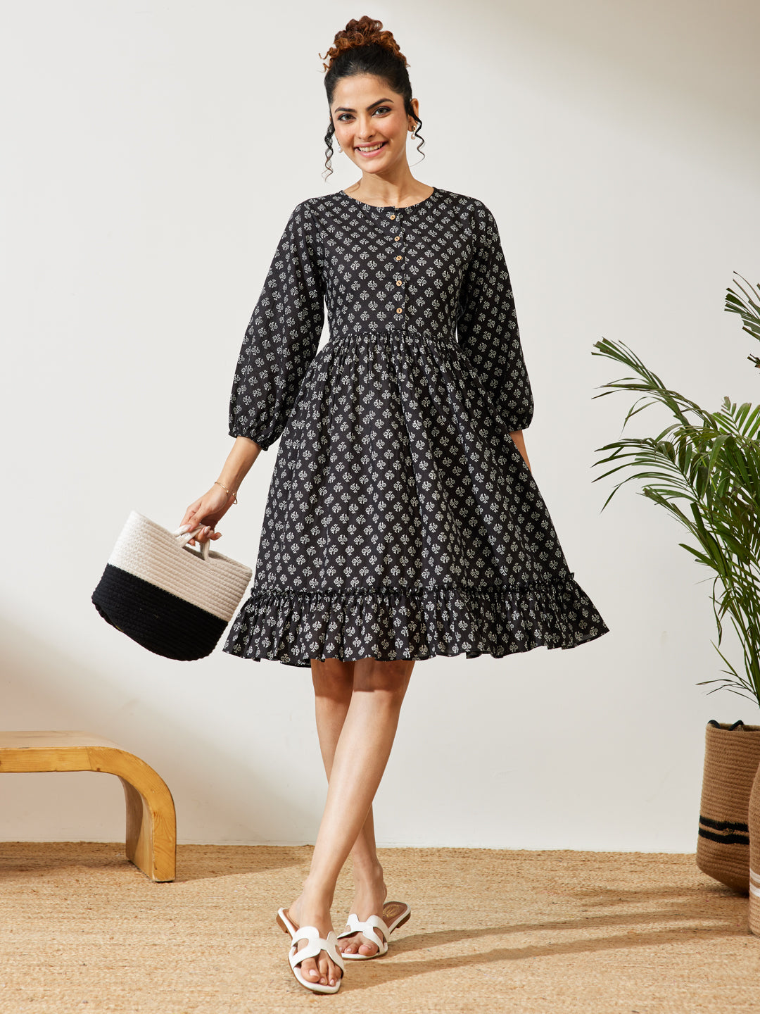 Janasya Women's Black Pure Cotton Floral Printed A-line Dress