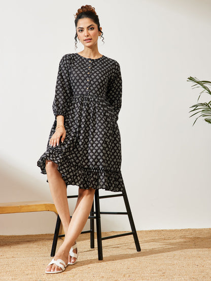 Janasya Women's Black Pure Cotton Floral Printed A-line Dress