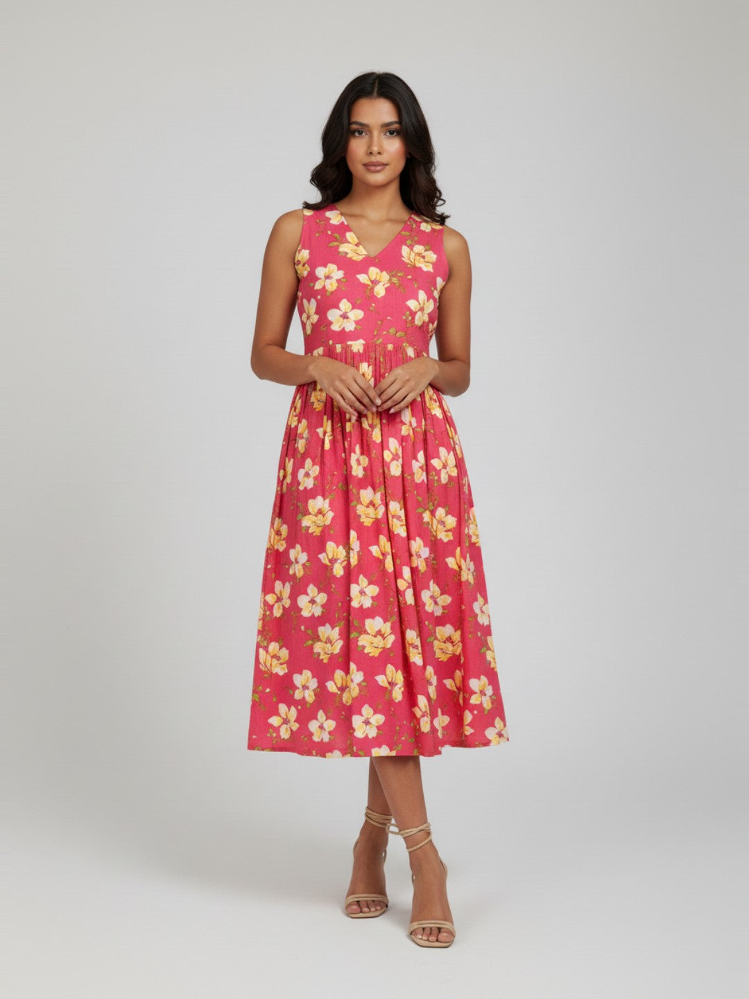 Janasya Women's Pink Pure Cotton Floral Printed A-line Dress