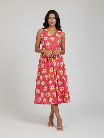 Janasya Women's Pink Pure Cotton Floral Printed A-line Dress