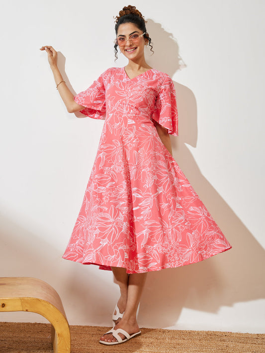 Janasya Women's Peach Cotton Floral Printed A-line Dress