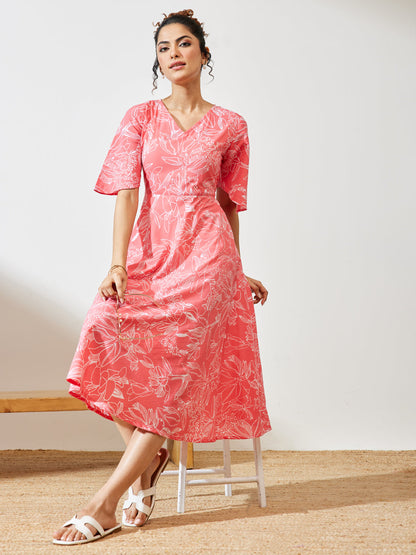 Janasya Women's Peach Cotton Floral Printed A-line Dress