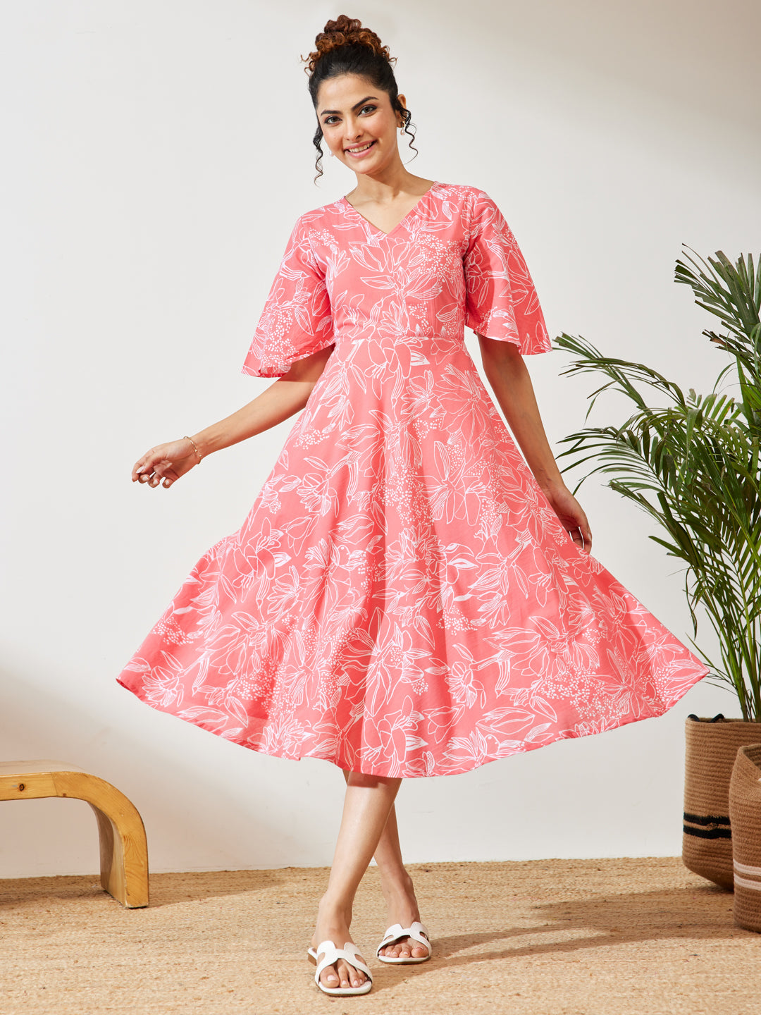 Janasya Women's Peach Cotton Floral Printed A-line Dress