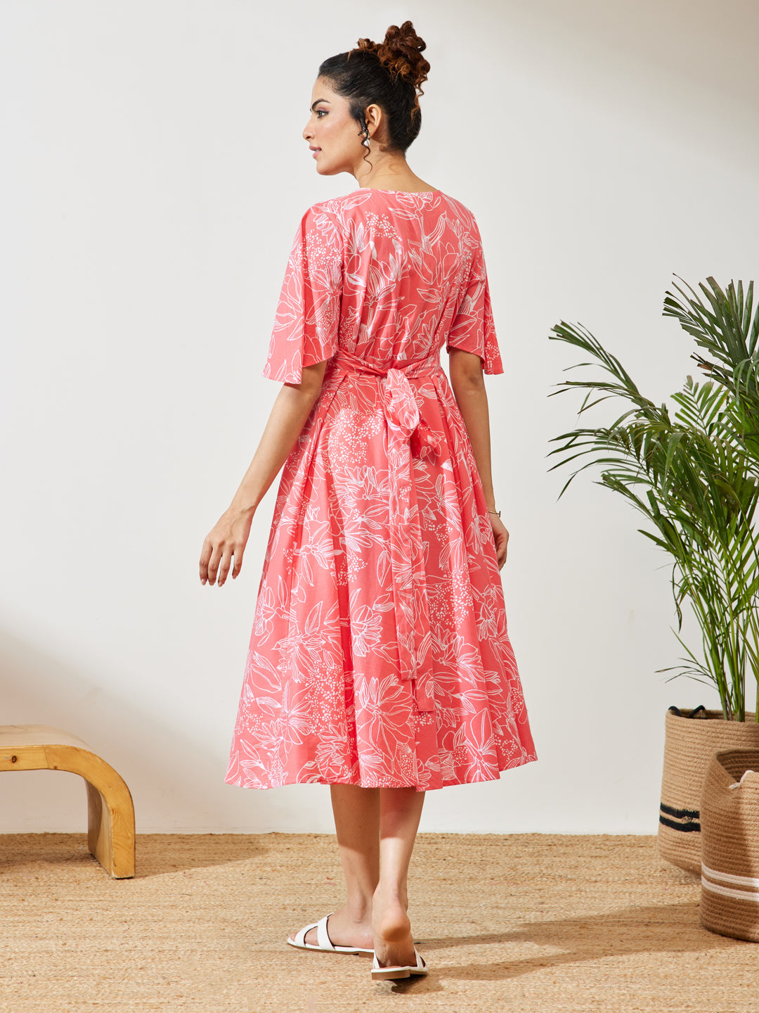 Janasya Women's Peach Cotton Floral Printed A-line Dress