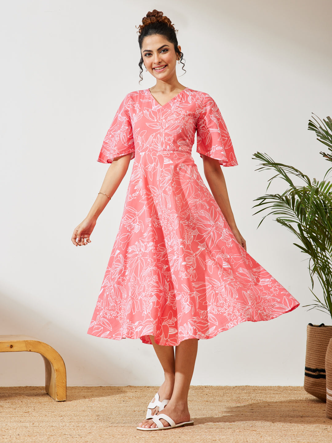 Janasya Women's Peach Cotton Floral Printed A-line Dress