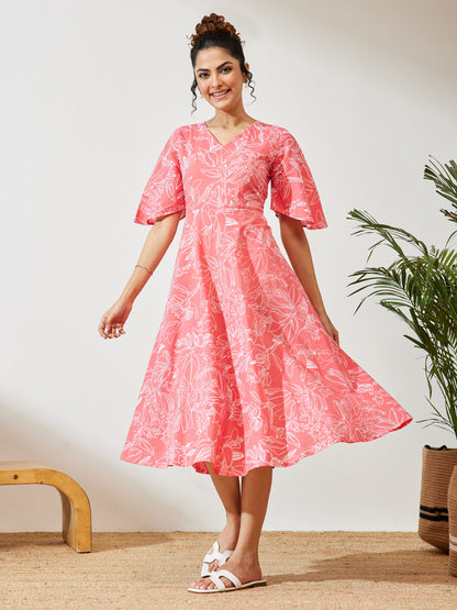 Janasya Women's Peach Cotton Floral Printed A-line Dress