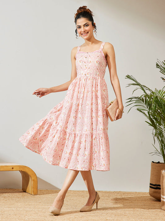 Janasya Women's Peach Pure Cotton Paisley Printed Fit & Flare Dress