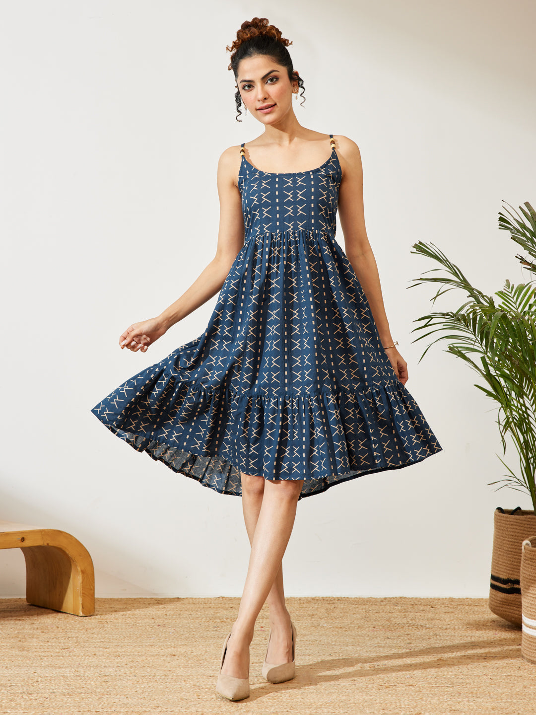 Janasya Women's Navy Blue Pure Cotton Abstract Printed A-line Dress