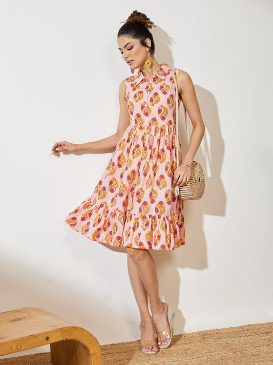 Janasya Women's Pink Pure Cotton Floral Printed Fit & Flare Dress