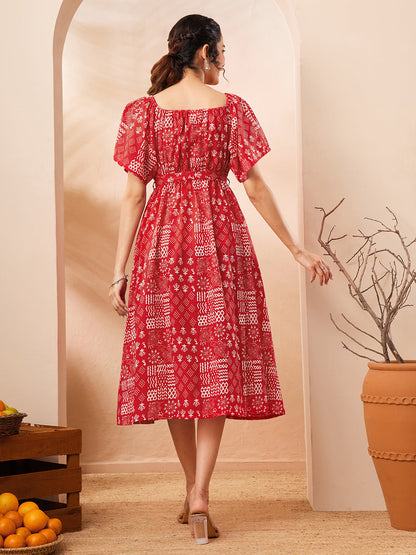 Janasya Women's Red Pure Cotton Printed A-line Dress