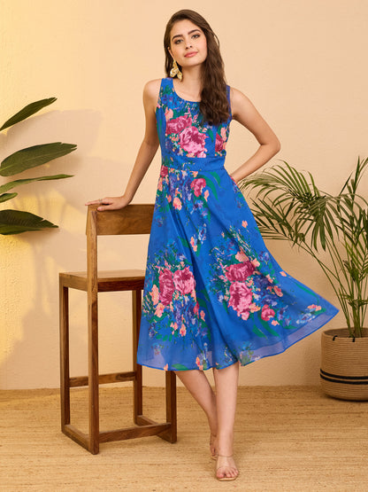 Janasya Women's Royal Blue Georgette Floral Printed A-line Flared Dress