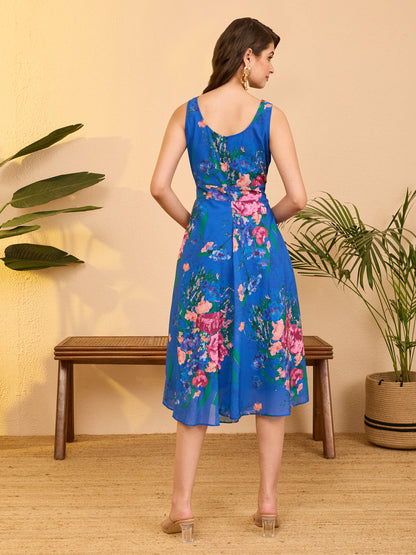 Janasya Women's Royal Blue Georgette Floral Printed A-line Flared Dress