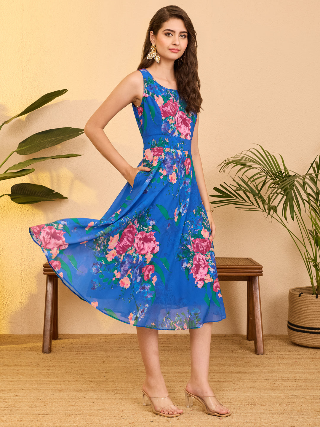 Janasya Women's Royal Blue Georgette Floral Printed A-line Flared Dress
