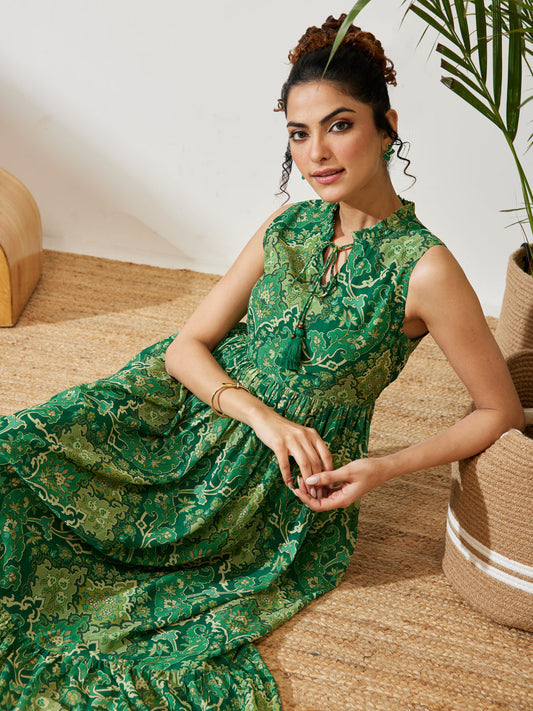 Janasya Women's Green Georgette Floral Printed Fit & Flared Dress