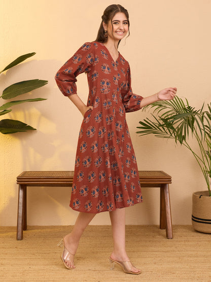 Janasya Women's Red Pure Cotton Ethnic Motifs Printed A-line Dress