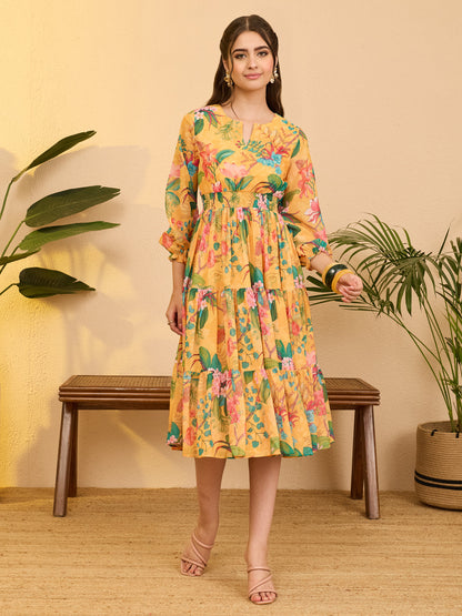 Janasya Women's Yellow Georgette Floral Printed Tiered Dress