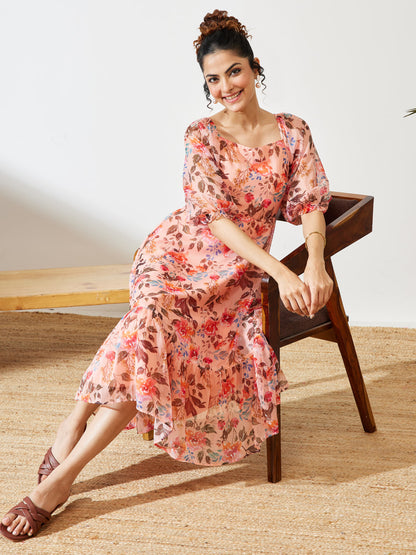 Janasya Women's Peach Chiffon Floral Printed A-line Dress