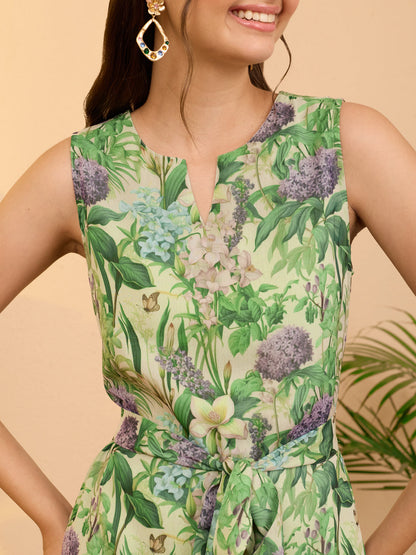Janasya Women's Mint Green Chiffon Floral Printed Fit & Flare Dress