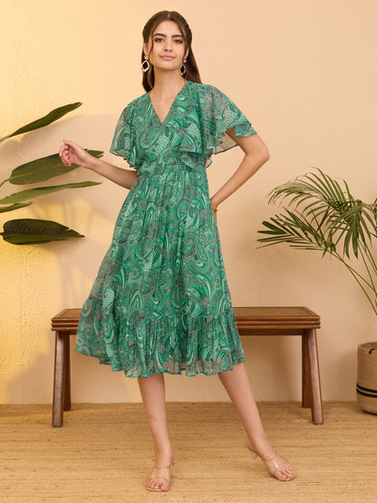 Janasya Women's Aqua Green Georgette Paisley Printed Flared Dress