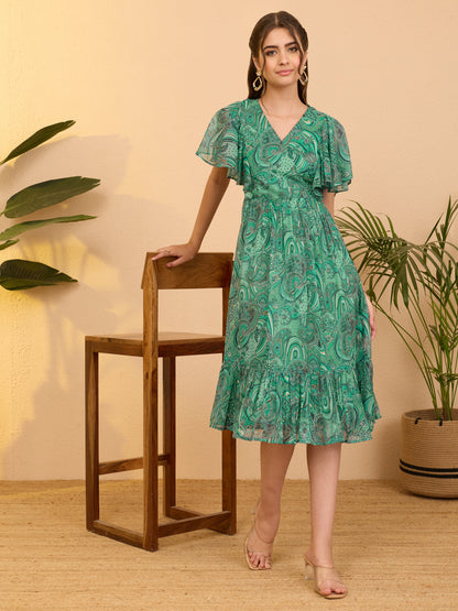 Janasya Women's Aqua Green Georgette Paisley Printed Flared Dress
