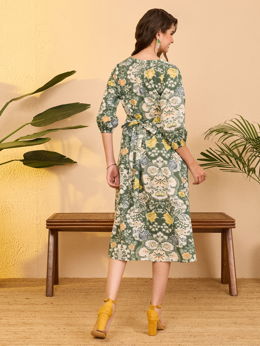 Janasya Women's Sage Green Pure Cotton Floral Printed Fit & Flare Dress