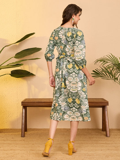 Janasya Women's Sage Green Pure Cotton Floral Printed Fit & Flare Dress