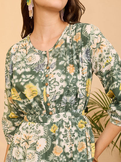 Janasya Women's Sage Green Pure Cotton Floral Printed Fit & Flare Dress