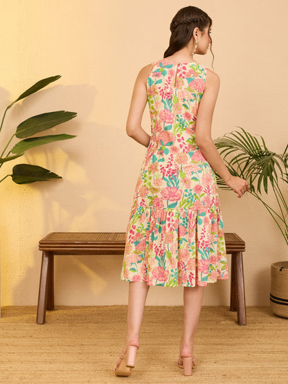 Janasya Women's Beige Pure Cotton Floral Printed A-line Dress