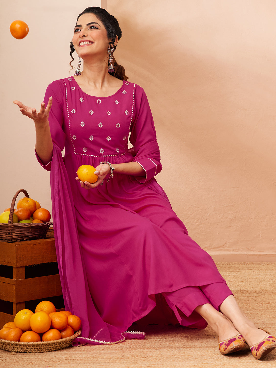 Janasya Women's Pink Rayon Yoke Embroidered A-line Kurta Set
