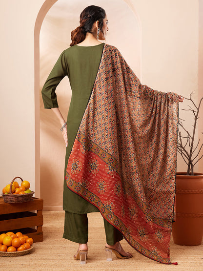 Janasya Women's Olive Green Rayon Slub Straight Kurta Set With Printed Dupatta