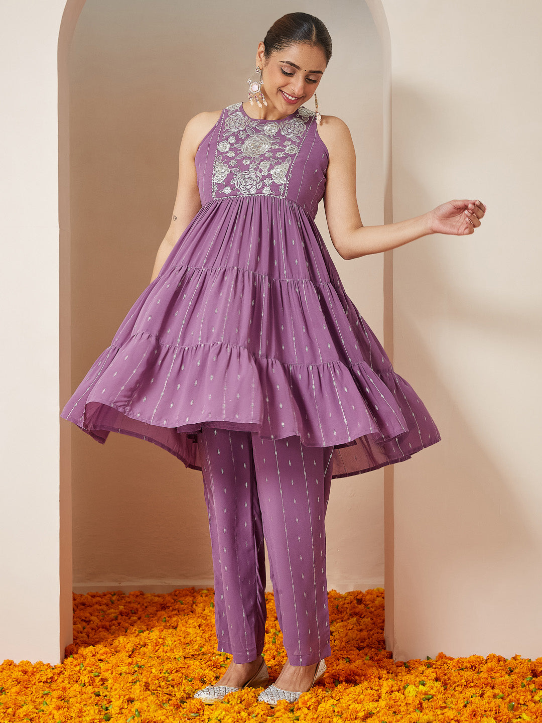 Janasya Women's Lavender Georgette Embellished Tiered Kurta With Palazzo Set
