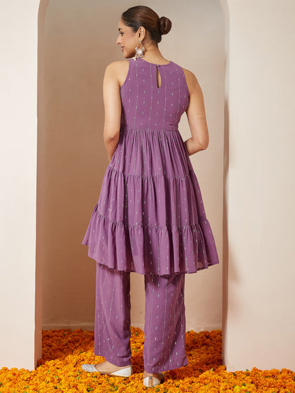 Janasya Women's Lavender Georgette Embellished Tiered Kurta With Palazzo Set