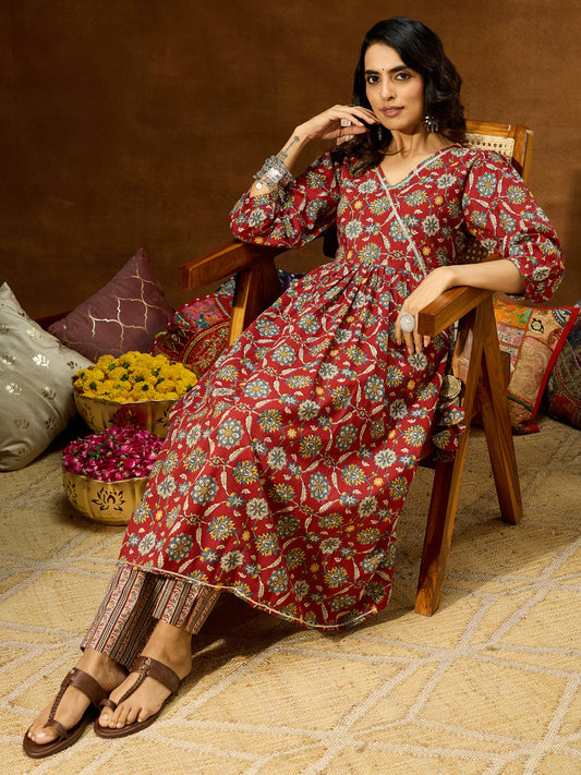 Janasya Women's Maroon Pure Cotton Floral Printed A-line Kurta Pant Set
