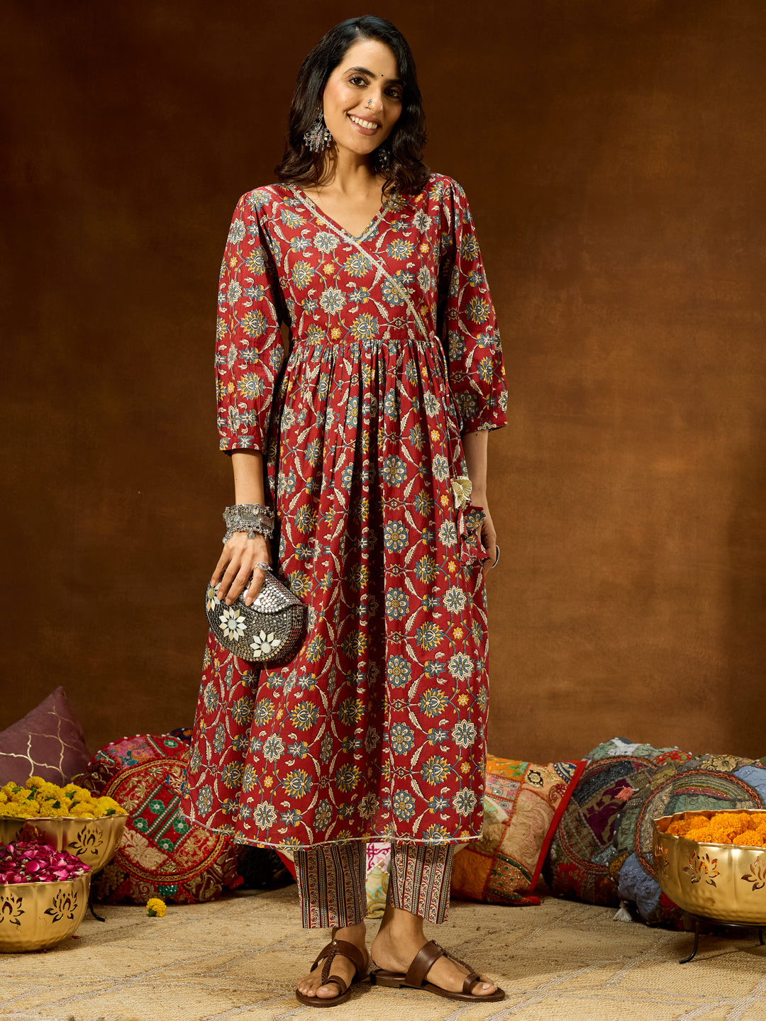 Janasya Women's Maroon Pure Cotton Floral Printed A-line Kurta Pant Set