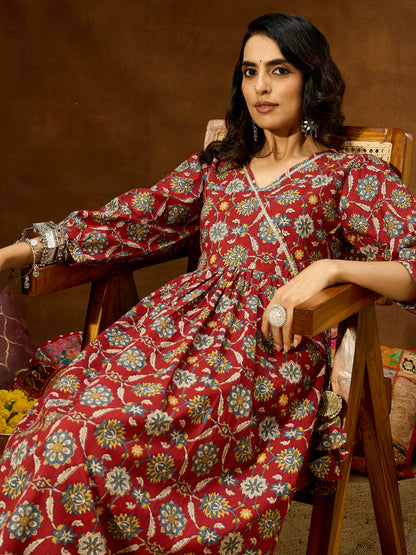 Janasya Women's Maroon Pure Cotton Floral Printed A-line Kurta Pant Set