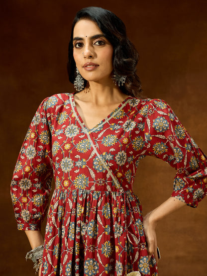 Janasya Women's Maroon Pure Cotton Floral Printed A-line Kurta Pant Set