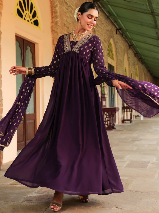 Janasya Women's Purple Georgette Embroidered Gold Printed Anarkali Kurta With Dupatta Set