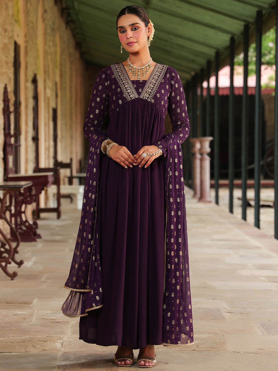 Janasya Women's Purple Georgette Embroidered Gold Printed Anarkali Kurta With Dupatta Set