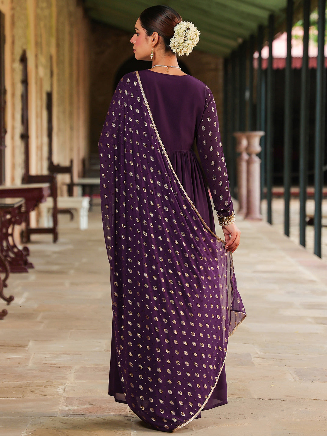 Janasya Women's Purple Georgette Embroidered Gold Printed Anarkali Kurta With Dupatta Set