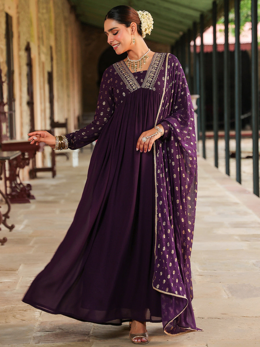 Janasya Women's Purple Georgette Embroidered Gold Printed Anarkali Kurta With Dupatta Set